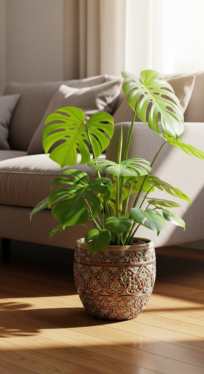a monstera plant in a decorative pot on a wooden floor