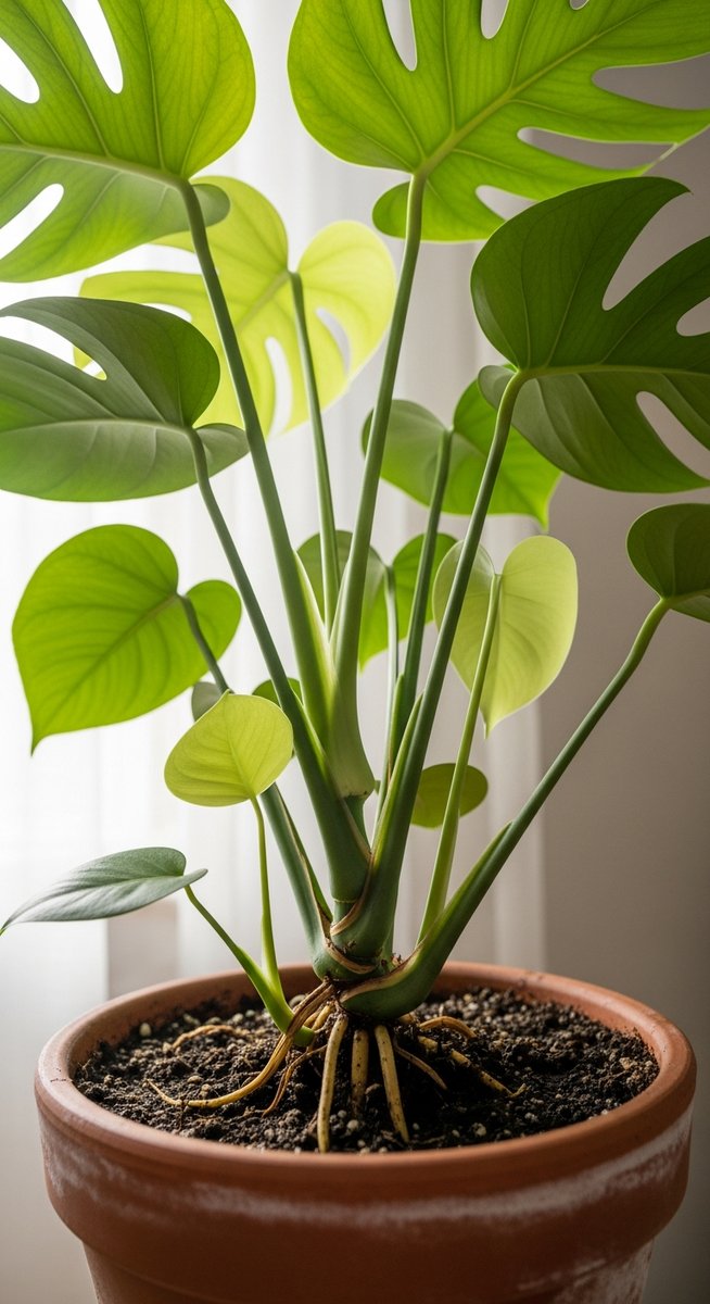 close-up of the base and lower leaves of a monstera plant, for white albino monstera