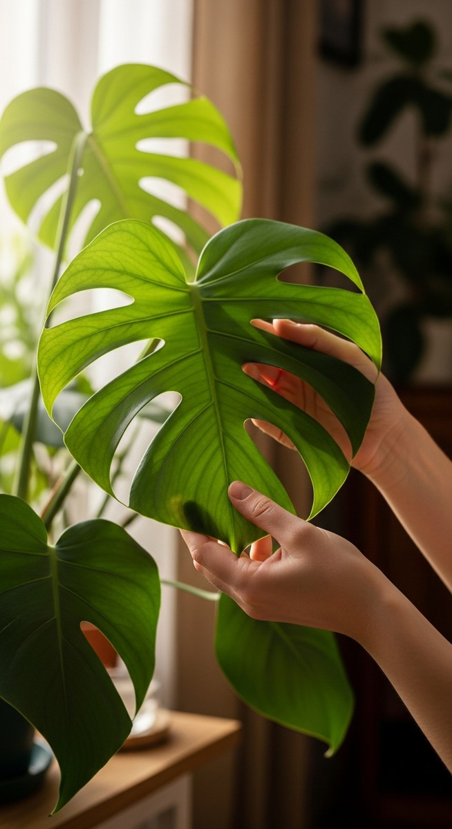 hands touching the leaves of a healthy monstera plant