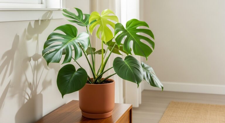 a healthy monstera plant displayed in a bright modern living room, for white albino monstera