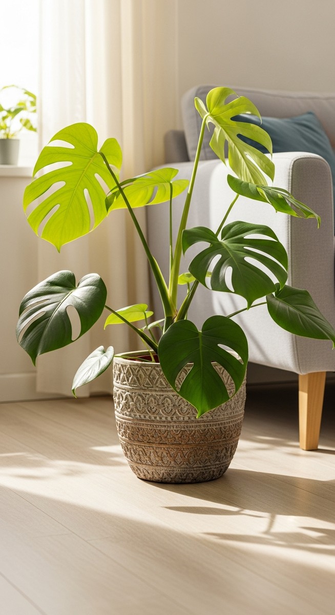 a monstera plant in a decorative pot on a wooden floor