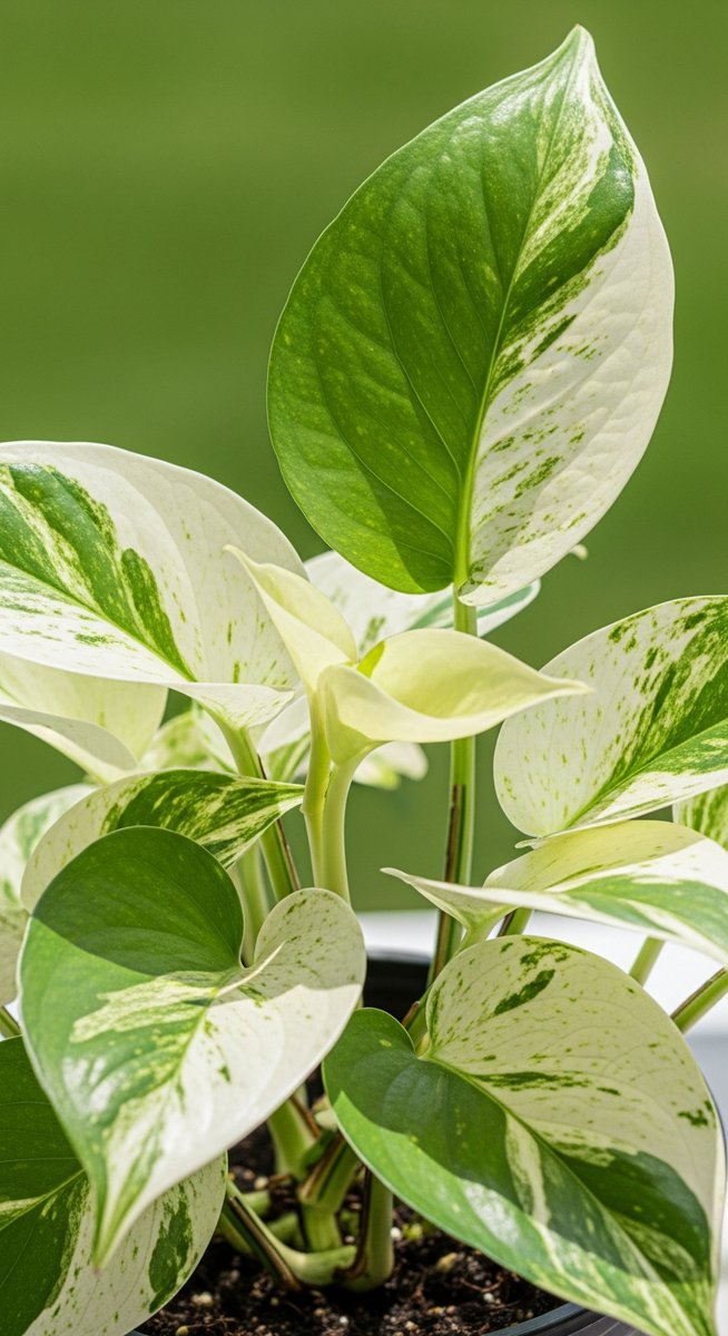 A pothos plant in a pot with leaves showing heavy white and cream variegation ag, for white pothos