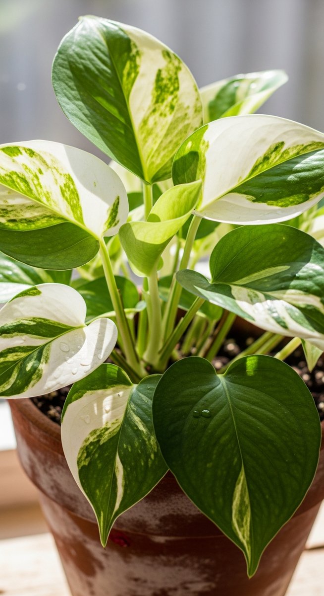 A pothos plant in a pot with leaves showing heavy white and cream variegation ag