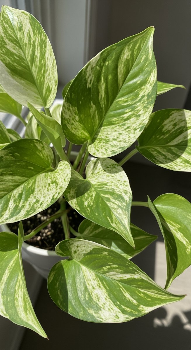 A pothos plant in a pot with leaves showing heavy white and cream variegation ag