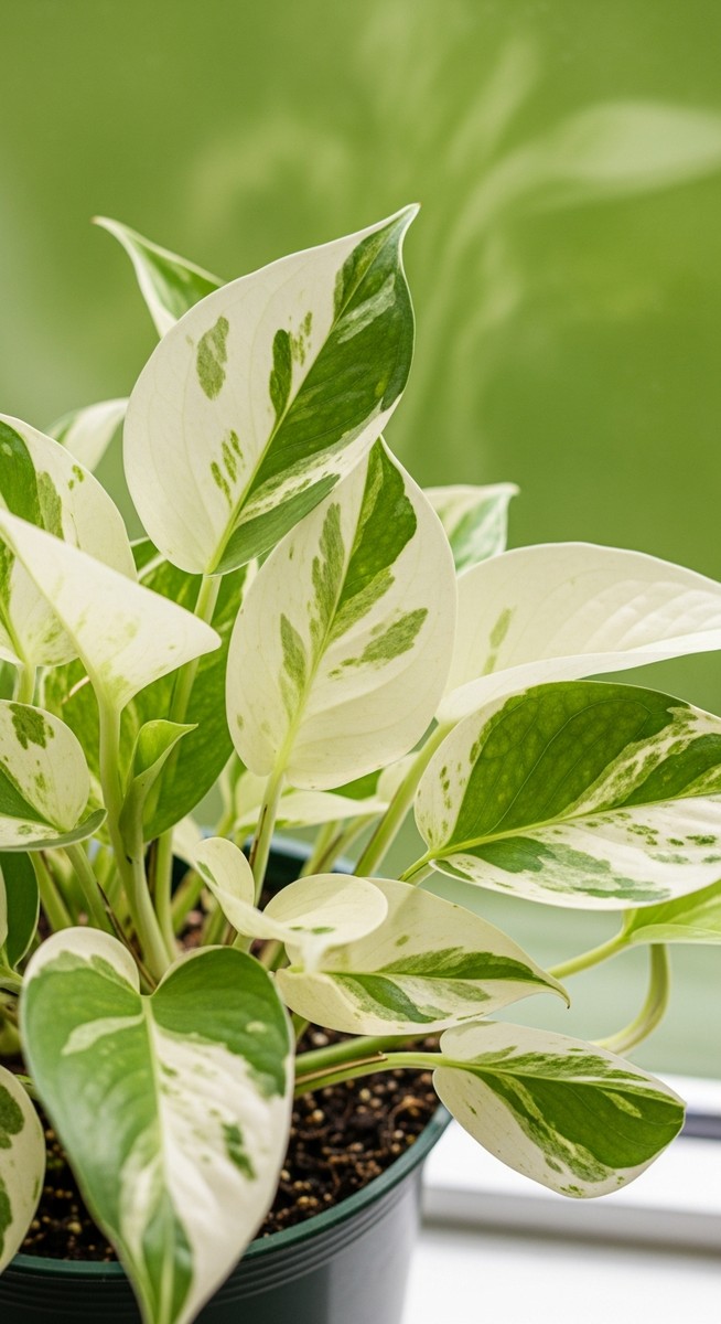 A pothos plant in a pot with leaves showing heavy white and cream variegation ag, for white pothos
