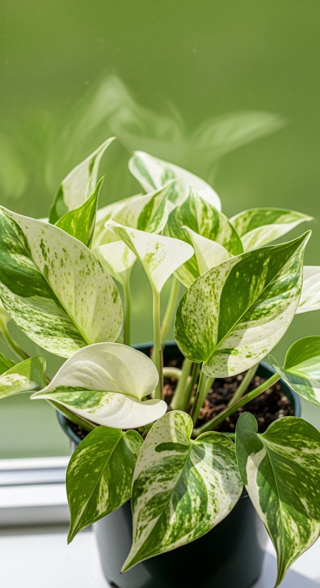 A pothos plant in a pot with leaves showing heavy white and cream variegation ag