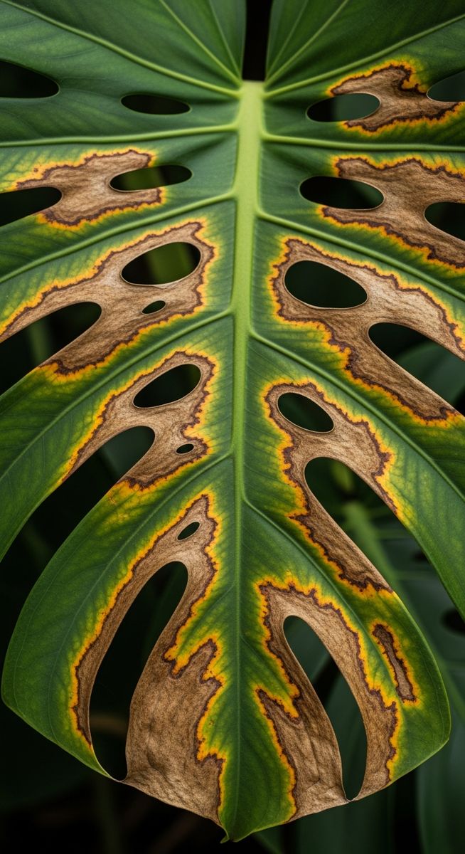 close-up of a single monstera leaf with brown spots and discolouration, for why monstera brown spots