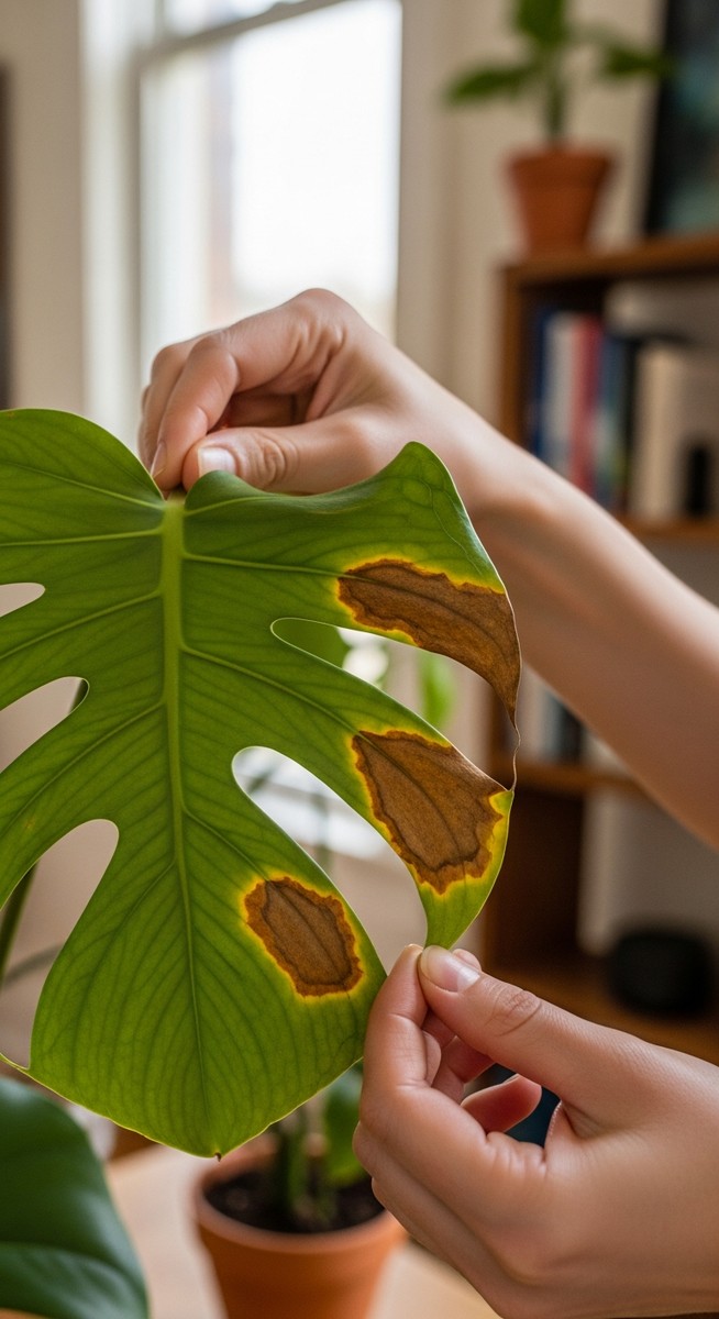 a person inspecting brown spots on a monstera leaf