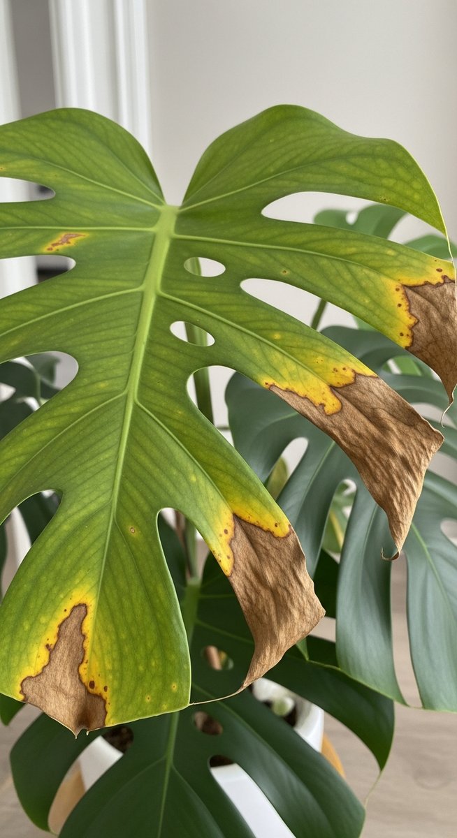close-up of monstera leaves showing brown edges and spots, for why monstera brown spots