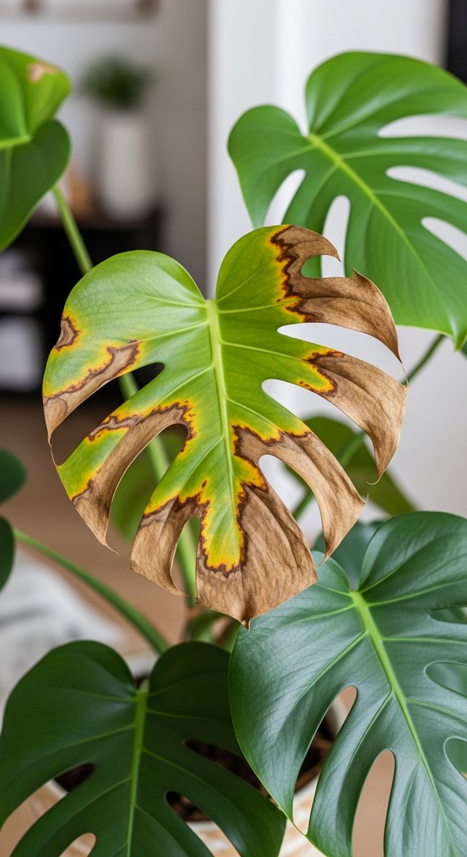 a monstera plant with brown spotted leaves in a home setting