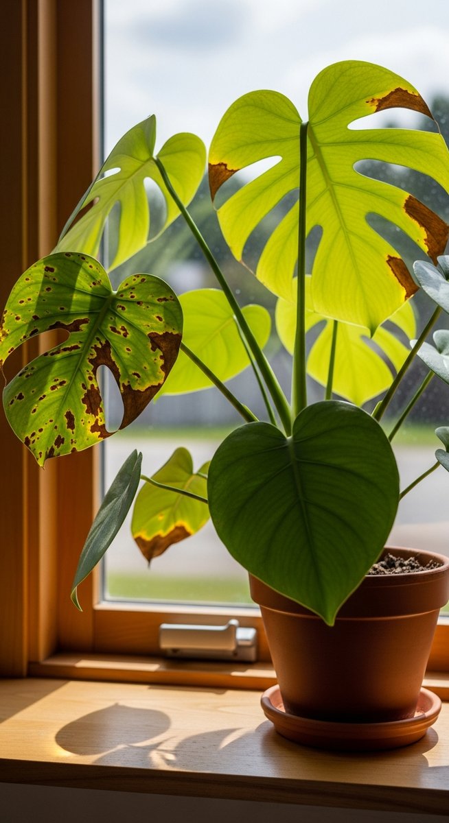 a monstera plant with brown spotted foliage on a windowsill