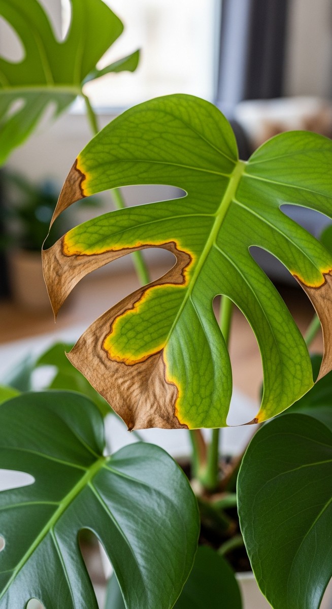 a monstera plant with brown spotted leaves in a home setting