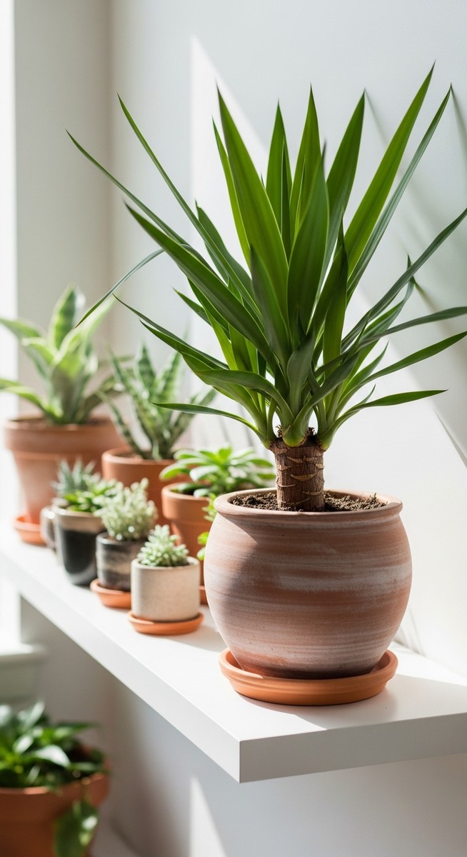 a lush yucca plant in a terracotta pot on a white shelf