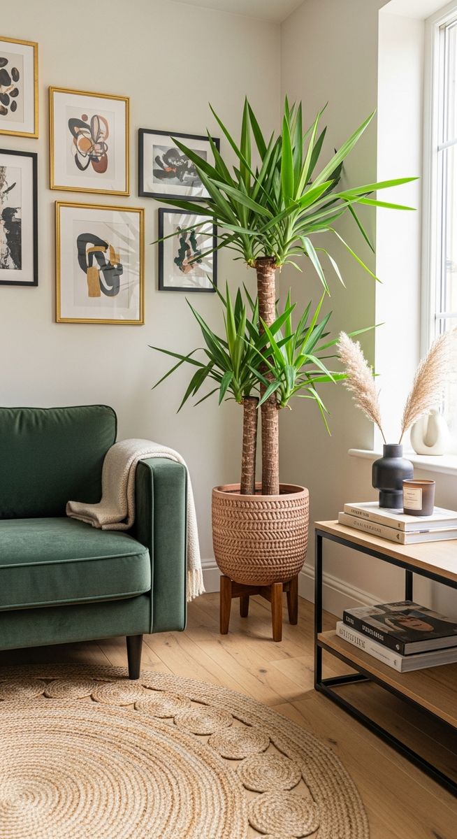 a large thriving yucca plant as a living room focal point, for yucca plant care