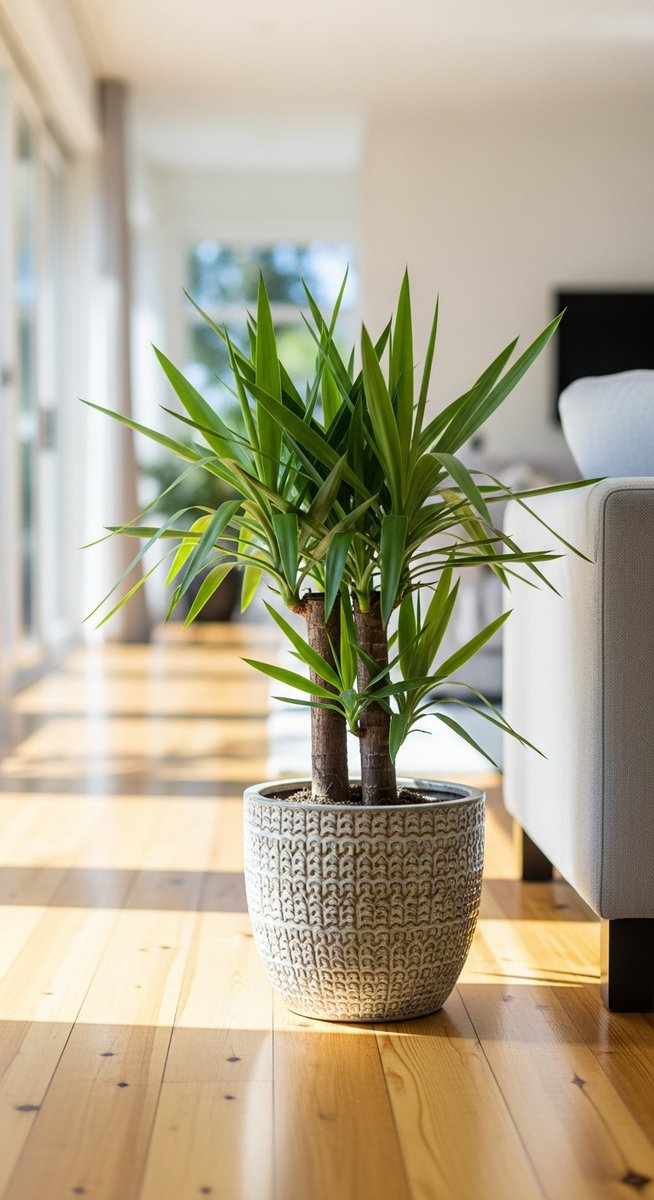 a yucca plant in a decorative pot on a wooden floor
