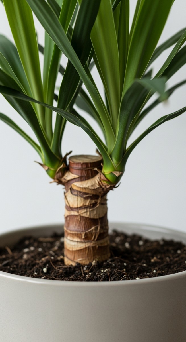 close-up of the base and lower leaves of a yucca plant, for yucca plant care