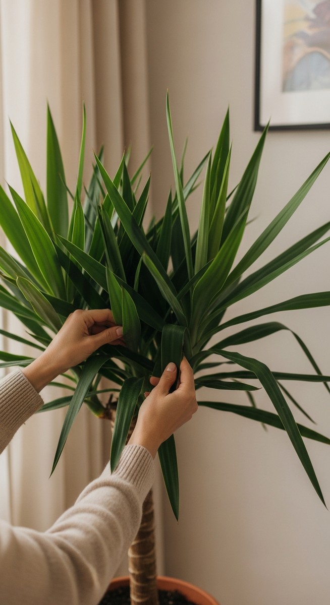 hands touching the leaves of a healthy yucca plant