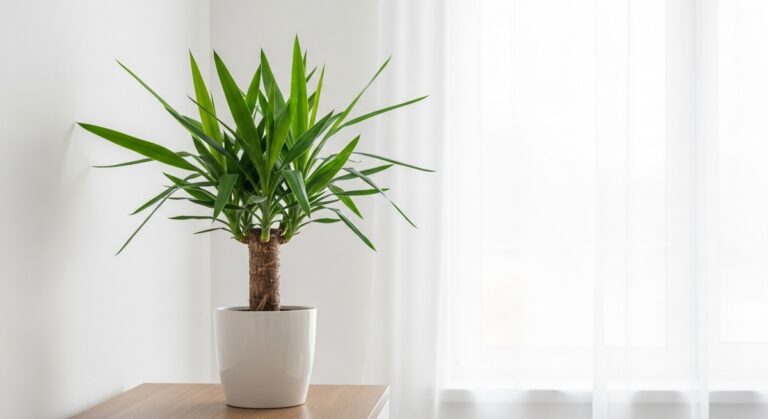 a healthy yucca plant displayed in a bright modern living room, for yucca plant care