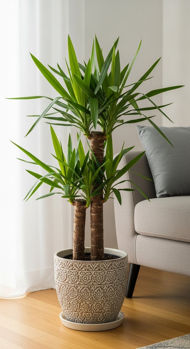 a yucca plant in a decorative pot on a wooden floor