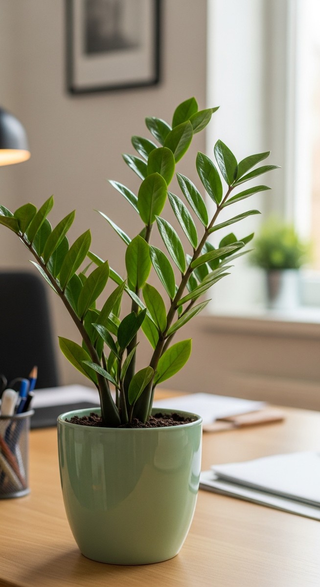 a zz plant plant on a home office desk creating a calming atmosphere
