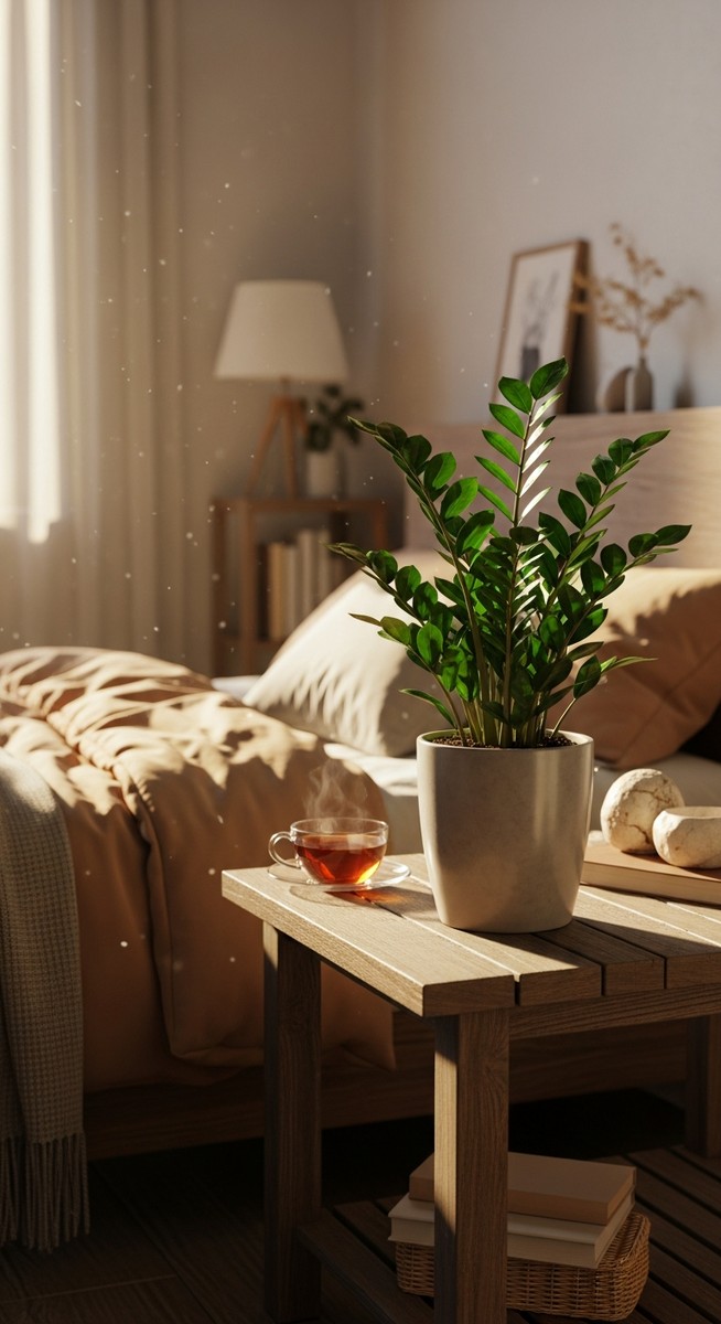 a zz plant plant on a bedside table in a cosy bedroom setting, for zz plant benefits