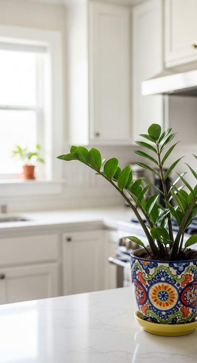 a zz plant plant on a kitchen windowsill in a bright fresh kitchen