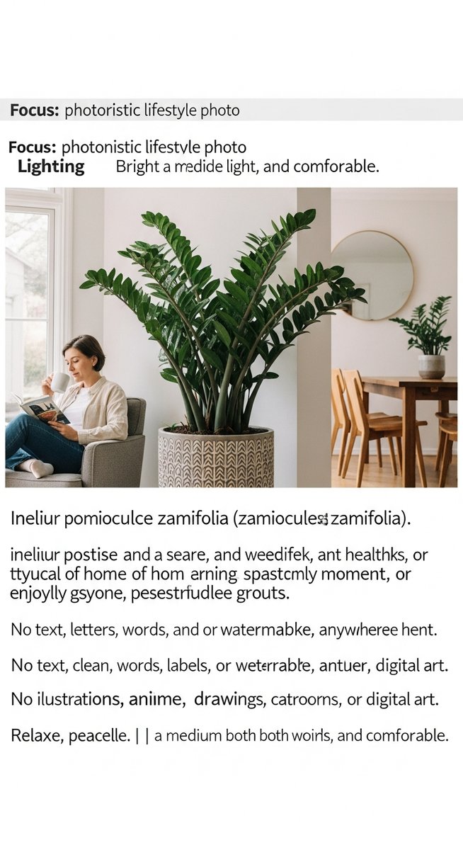 a person relaxing near a large zz plant plant in a bright home interior