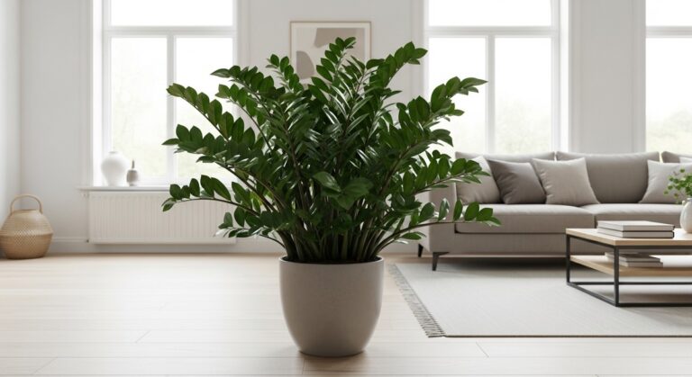 a large healthy zz plant plant in a bright airy living room, for zz plant benefits