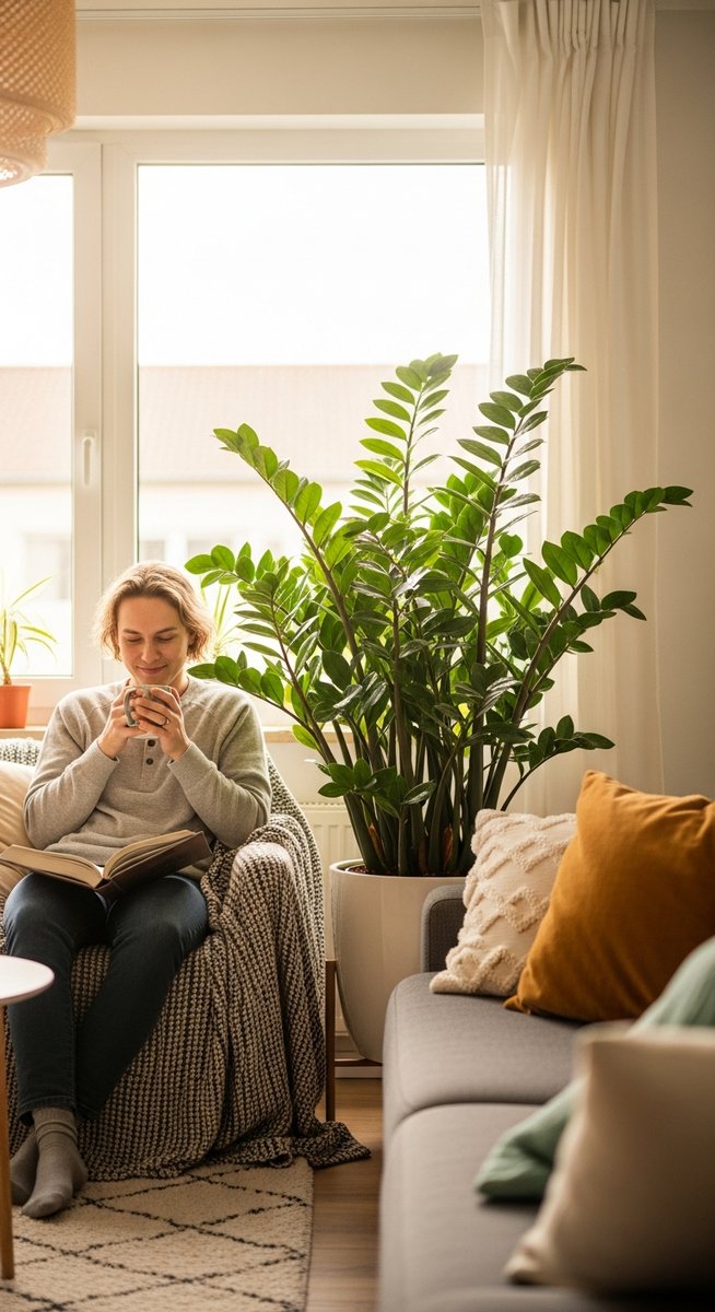 a person relaxing near a large zz plant plant in a bright home interior
