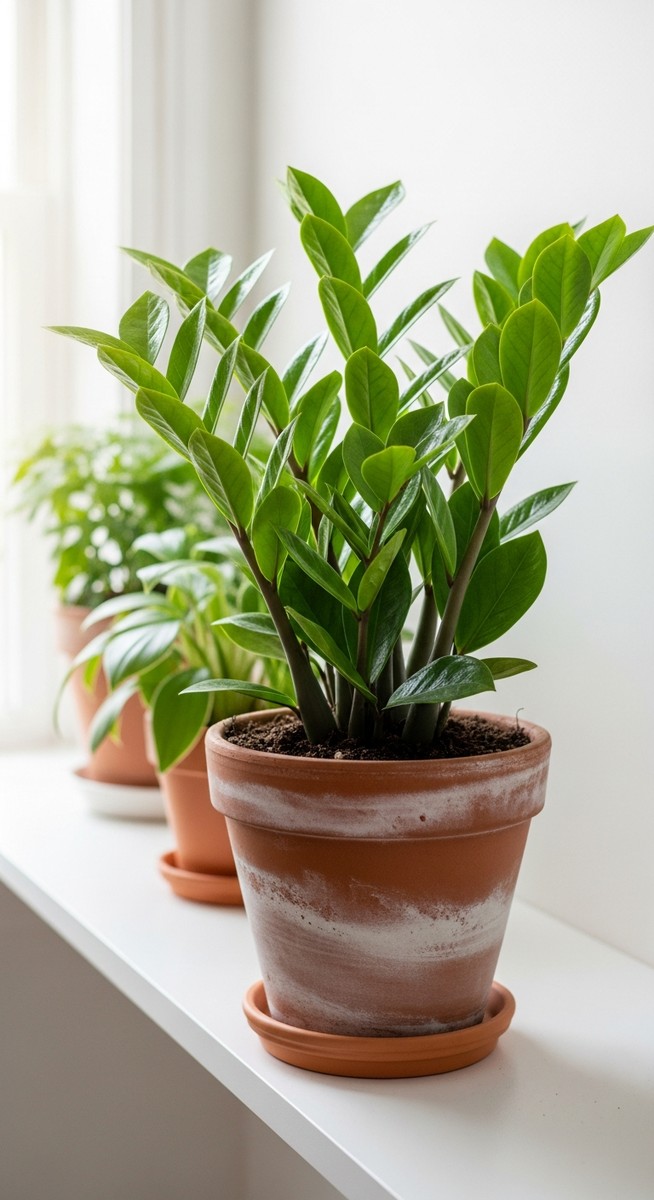 a lush zz plant plant in a terracotta pot on a white shelf