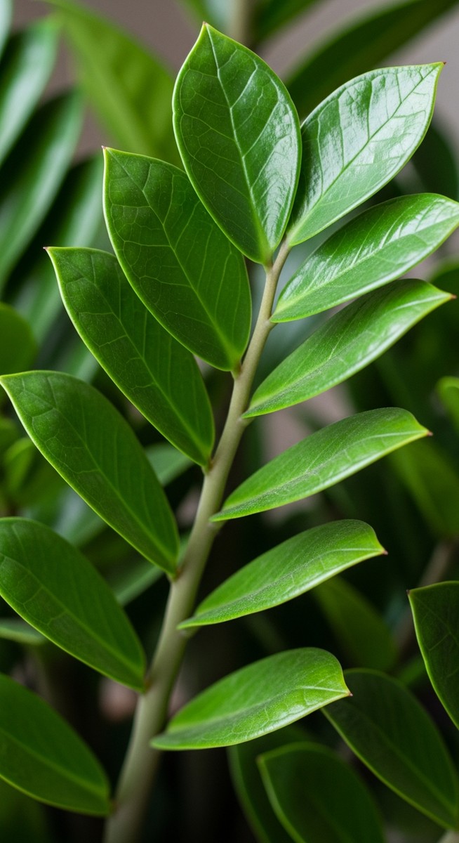 close-up of healthy zz plant leaves showing vivid colour and texture, for zz plant care