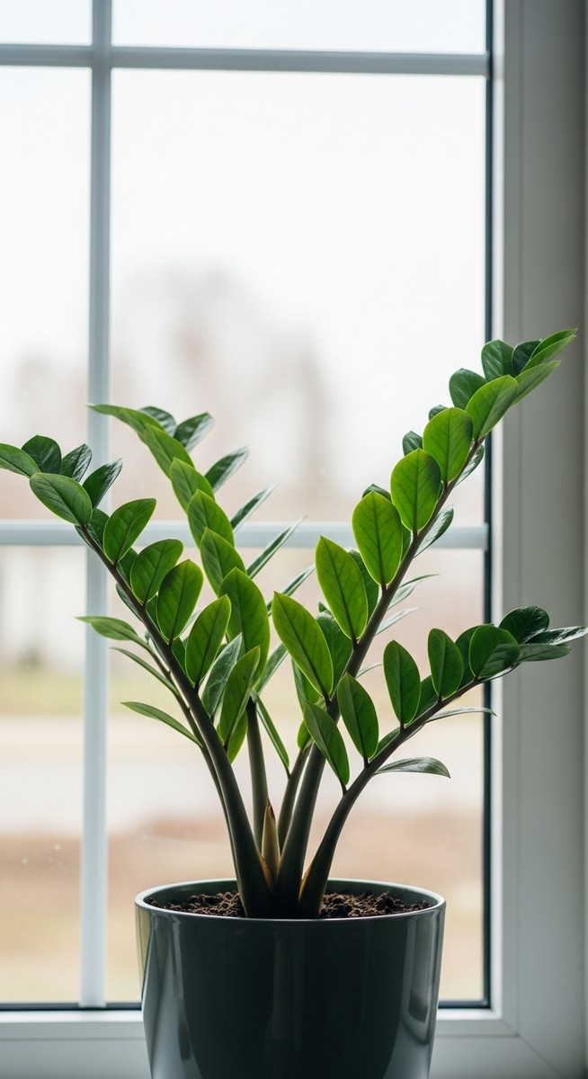 a zz plant plant in a pot near a bright window