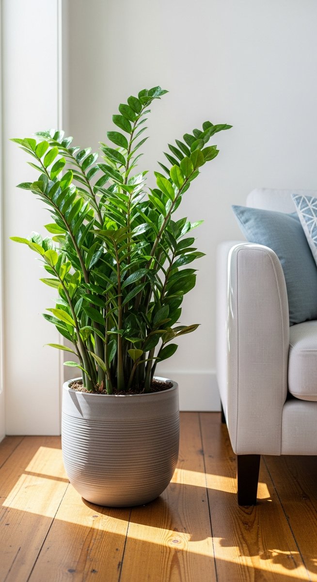 a zz plant plant in a decorative pot on a wooden floor