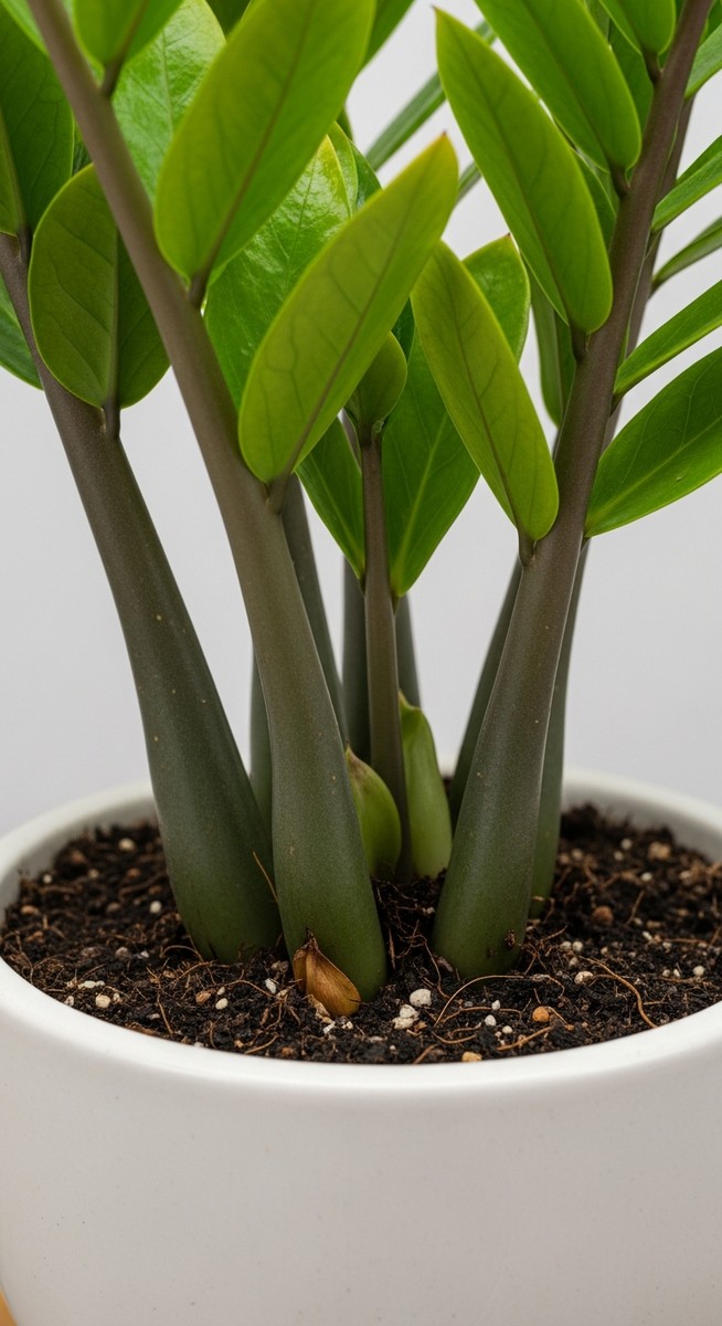 close-up of the base and lower leaves of a zz plant plant, for zz plant care