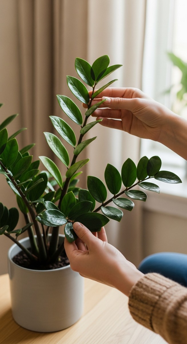 hands touching the leaves of a healthy zz plant plant