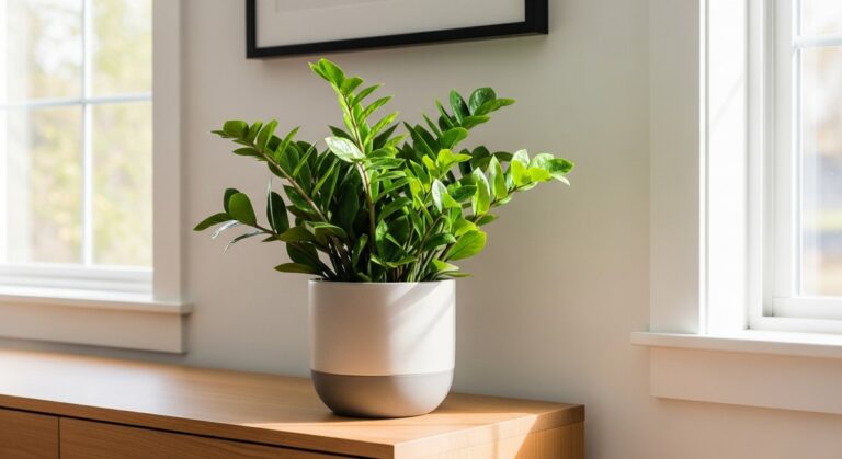a healthy zz plant plant displayed in a bright modern living room, for zz plant care