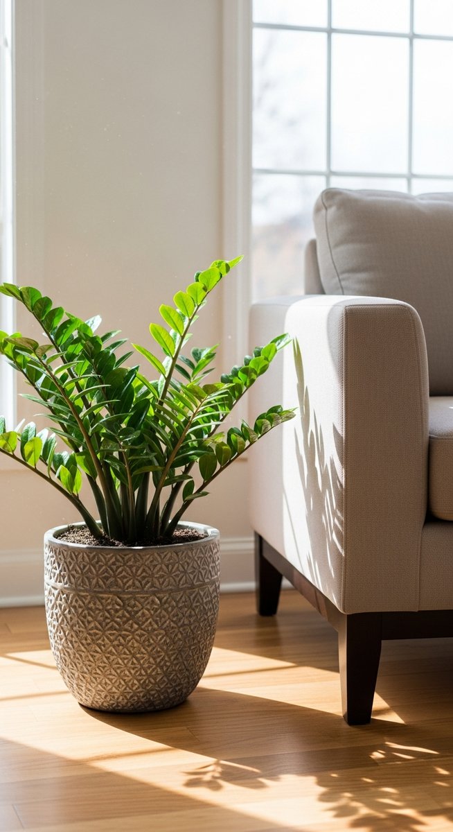 a zz plant plant in a decorative pot on a wooden floor