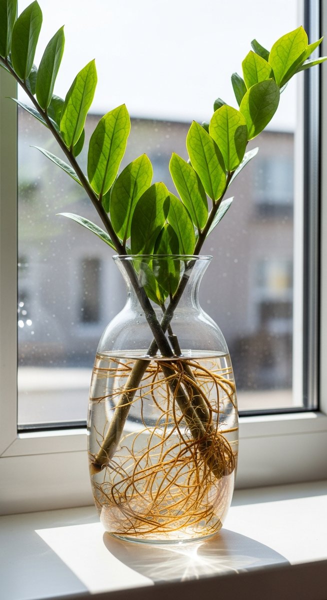 a zz plant plant in a glass vase of water on a windowsill with visible roots, for zz plant in water