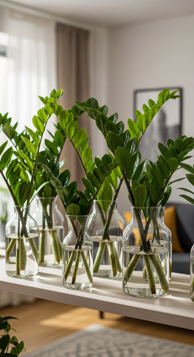 several zz plant plants growing in water in clear glass vases