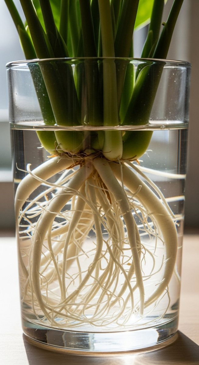 close-up of healthy white zz plant roots growing in a glass of water, for zz plant in water