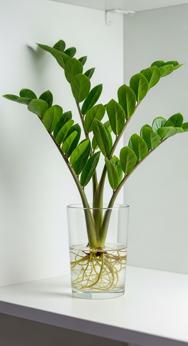 a zz plant plant thriving in a glass of water on a shelf