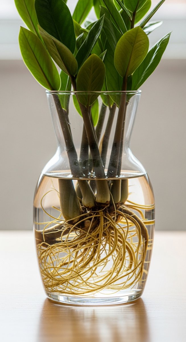 a clear glass vase containing a zz plant plant with visible roots in water, for zz plant in water