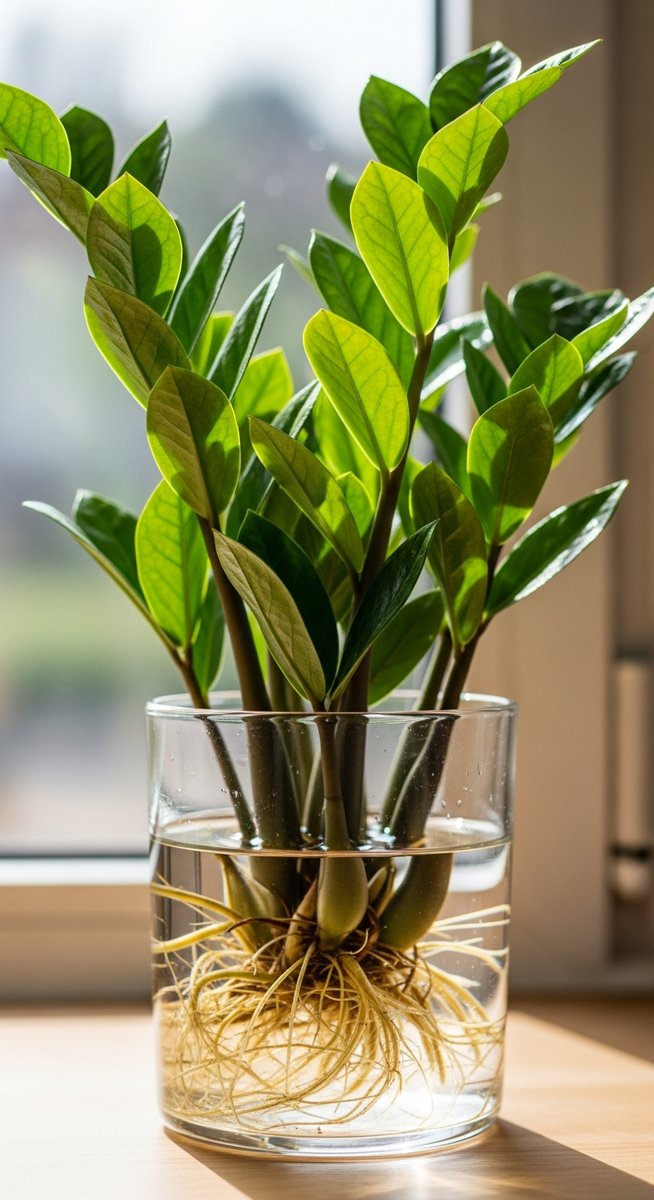 a zz plant plant growing hydroponically in a glass of water