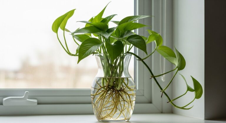 a {plant} plant growing with roots submerged in a clear vase of water, for zz plant in water