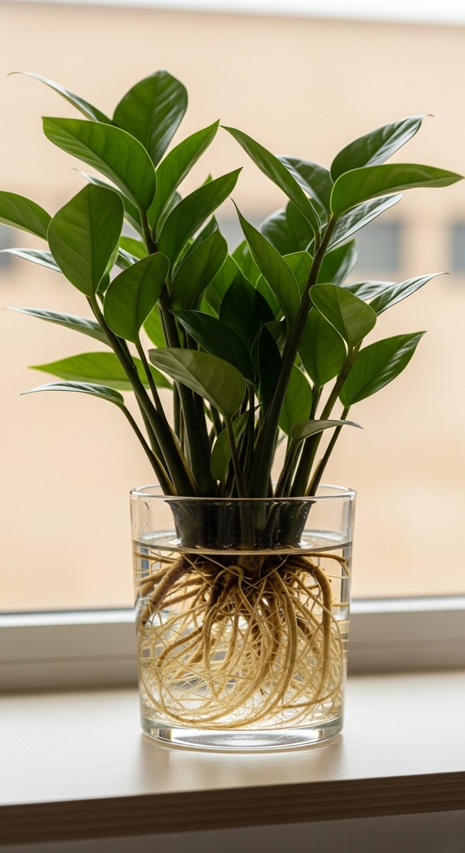 a zz plant plant thriving in a glass of water on a shelf
