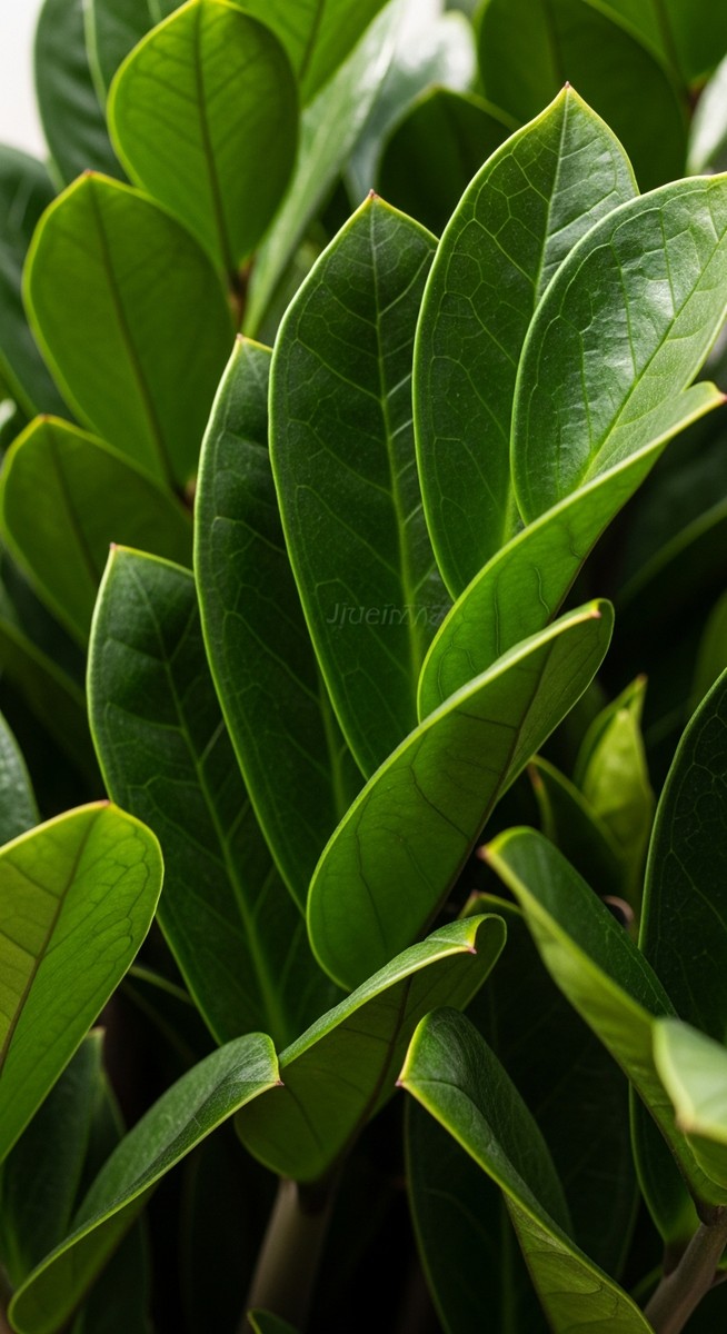close-up of zz plant leaves showing the characteristic colour and pattern