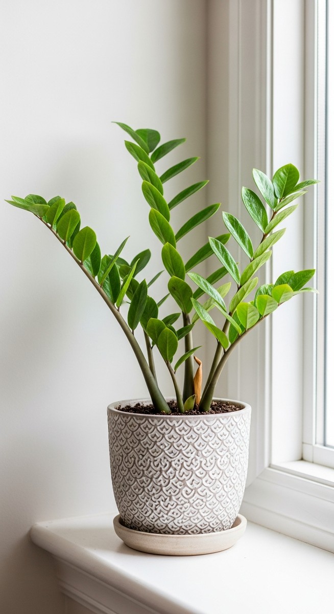 a zz plant plant in a decorative pot on a shelf, for zz plant varieties