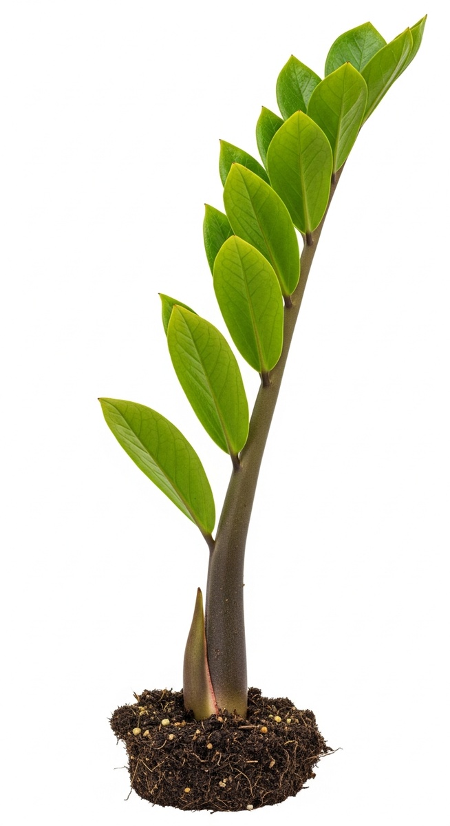 side view of a zz plant plant showing its growth habit and leaf shape