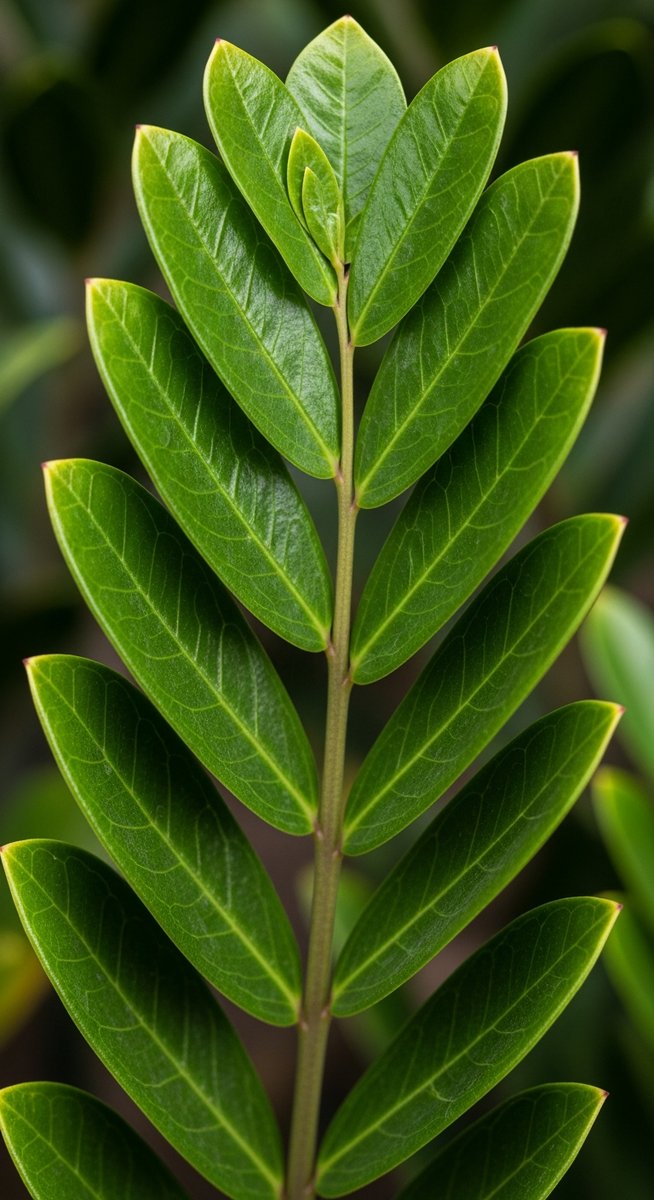 close-up of a single zz plant leaf showing its full pattern and colour, for zz plant varieties