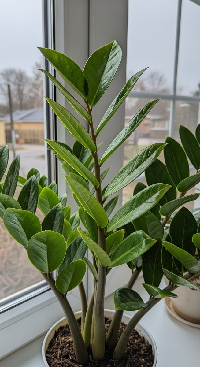 a zz plant plant in natural light showing its variety-specific markings